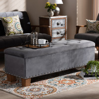 Baxton Studio BBT3136-Grey Velvet/Walnut-Otto Hannah Modern and Contemporary Grey Velvet Fabric Upholstered Button-Tufted Storage Ottoman Bench